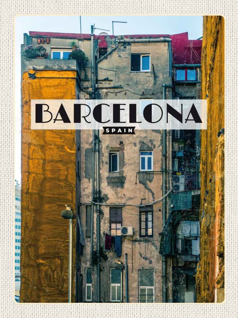Holzschild 40x30 cm Barcelona Spain alte Häuser Bildmotiv Reisemotiv Straße Stadt