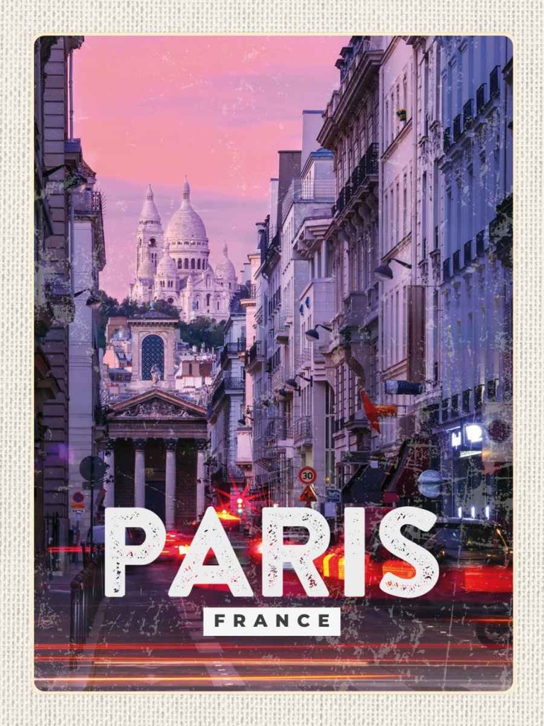 Holzschild 40x30 cm Paris Panorama Sonnenuntergang Bildmotiv Reisemotiv Straße Stadt