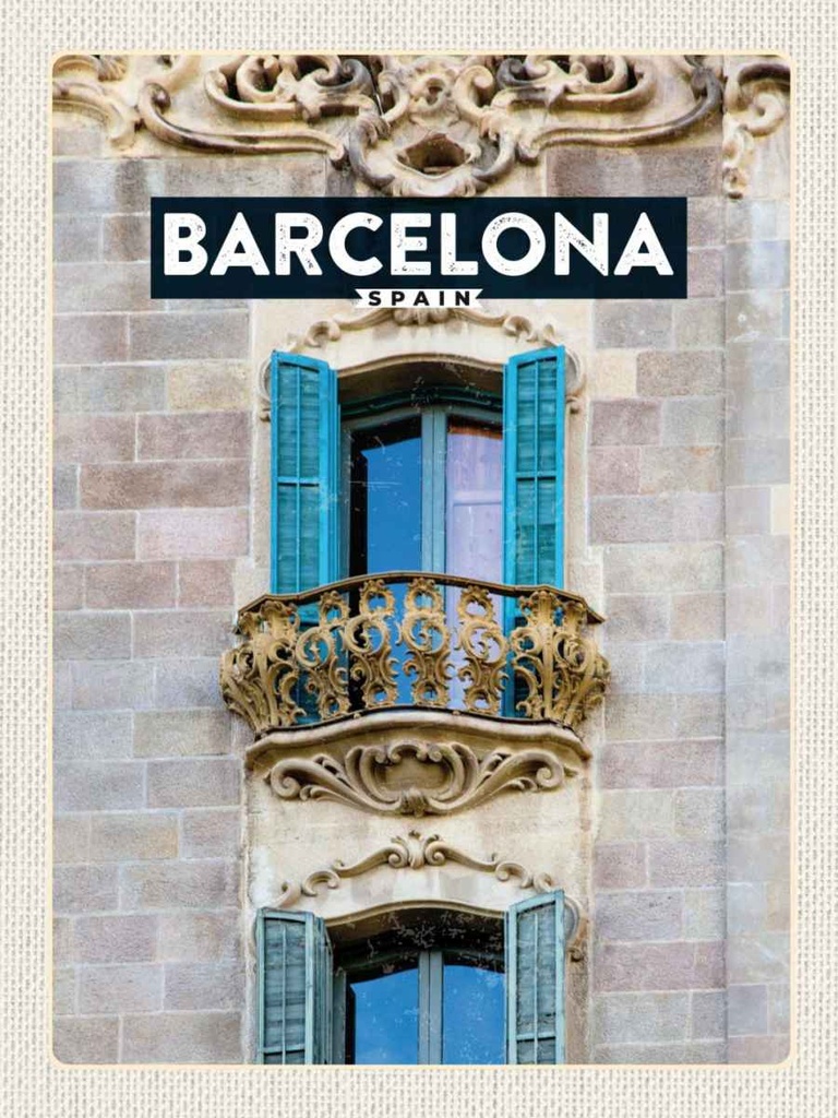 Holzschild 40x30 cm Barcelona Spanien Balkon Trip Bildmotiv Reisemotiv Straße Stadt