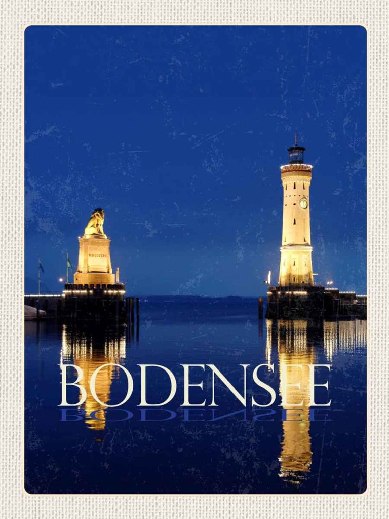 Holzschild 40x30 cm Bodensee Deutschland Leuchttutm Nacht Bildmotiv Reisemotiv Abenteuer Reisen