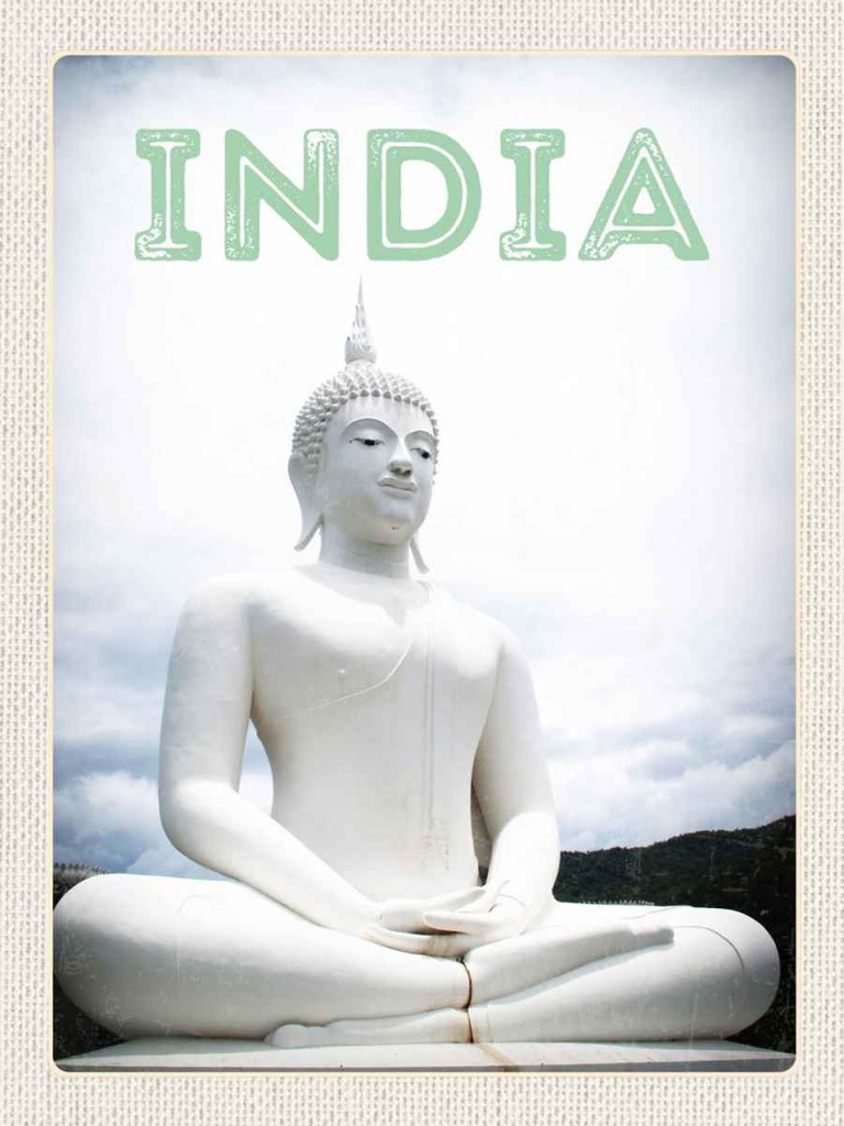 Holzschild 40x30 cm Indien weiße Skulptur meditieren Gott Bildmotiv Reisemotiv Abenteuer Reisen