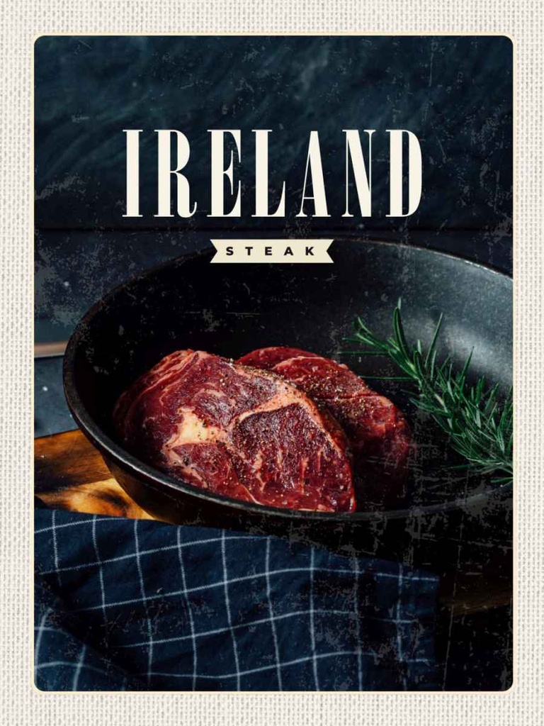 Holzschild 40x30 cm Irland Steak angebraten Pfeffer Bildmotiv Reisemotiv Essen Trinken