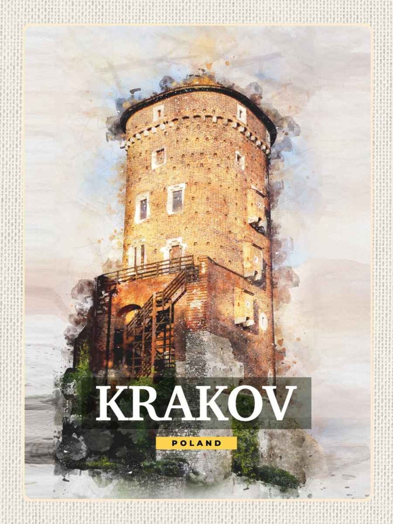 Holzschild 40x30 cm Krakow Turm Gemälde Trip Bildmotiv Reisemotiv Straße Stadt