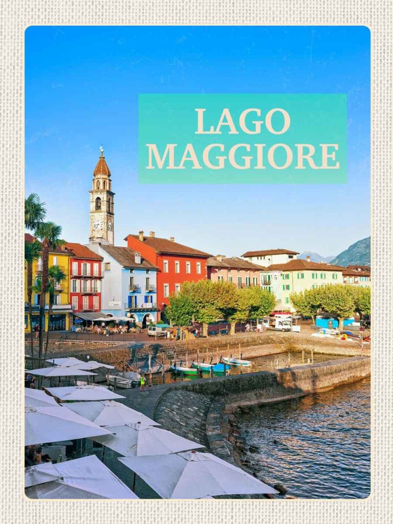 Holzschild 40x30 cm Lago Maggiore Gebäude Meer Schirm Bildmotiv Reisemotiv Europa
