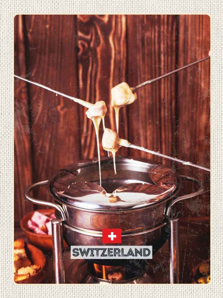 Holzschild 40x30 cm Schweiz Europa Käse Raclett Gerichte Bildmotiv Reisemotiv