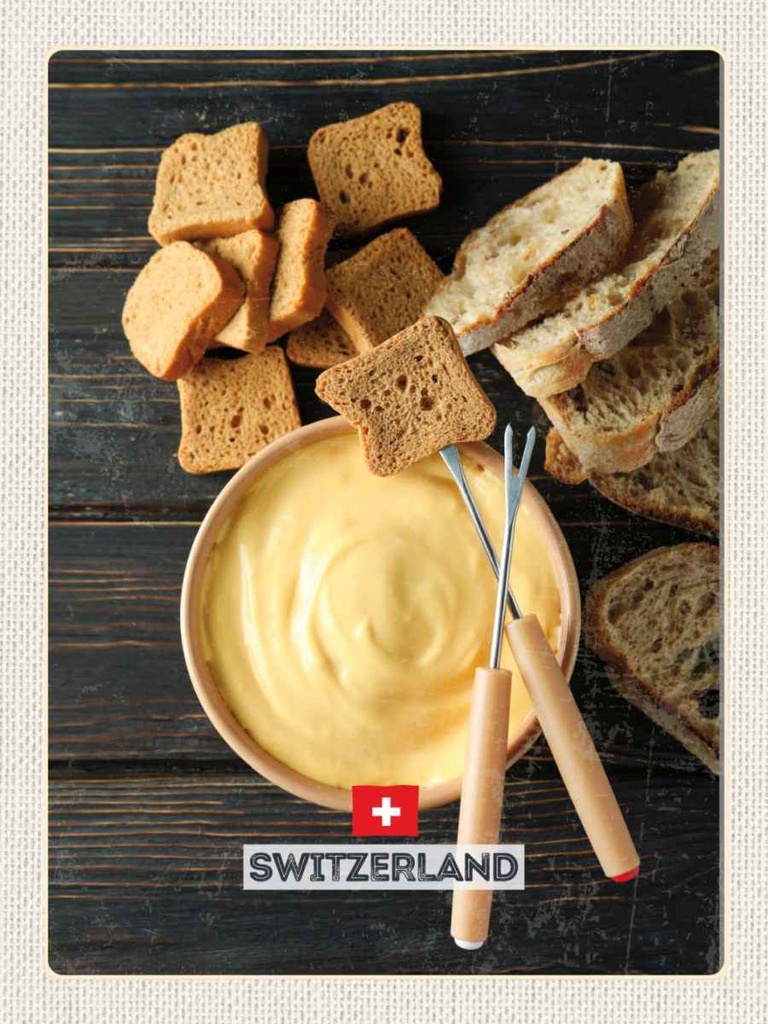 Holzschild 40x30 cm Schweiz Bern Brot in flüssigem Käse Bildmotiv Reisemotiv Europa