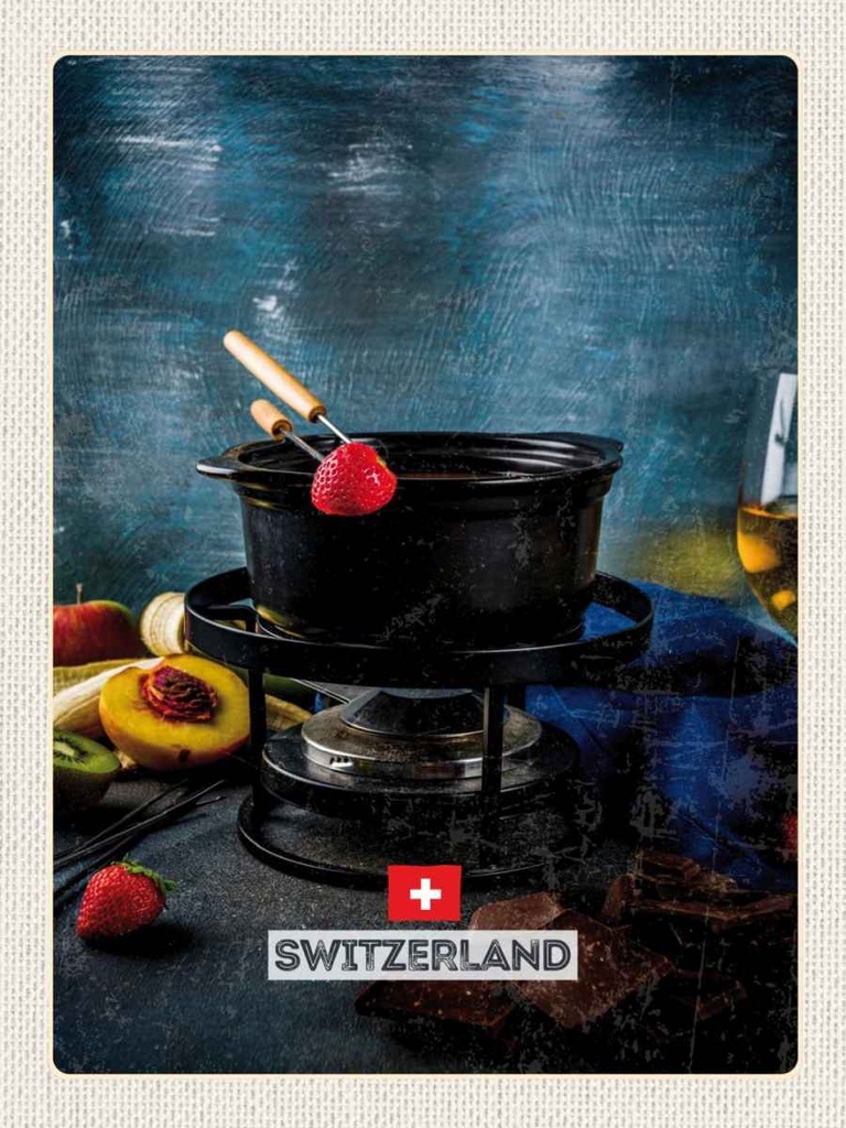Holzschild 40x30 cm Schweiz Süße Dessert Obst Schokolade Bildmotiv Reisemotiv Europa