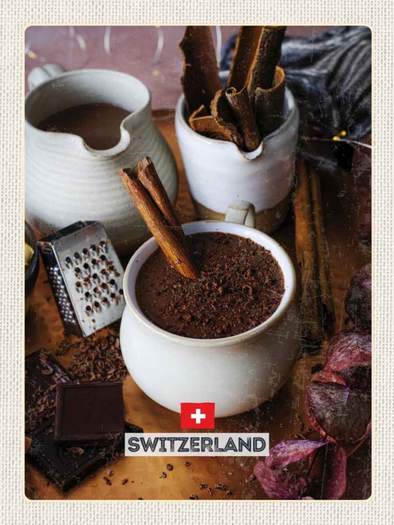 Holzschild 40x30 cm Schweiz Dessert Schokolade Zimtstange Bildmotiv Reisemotiv Europa