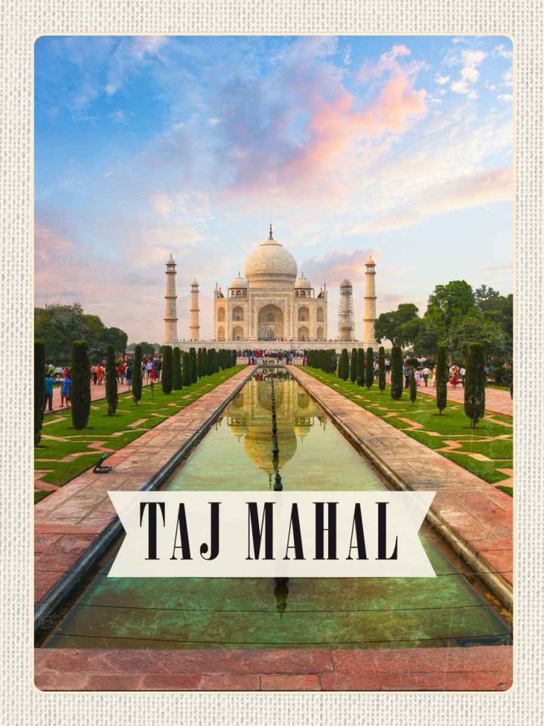 Holzschild 40x30 cm Indien Taj Mahal Agra Garten Bäume Bildmotiv Reisemotiv Abenteuer Reisen