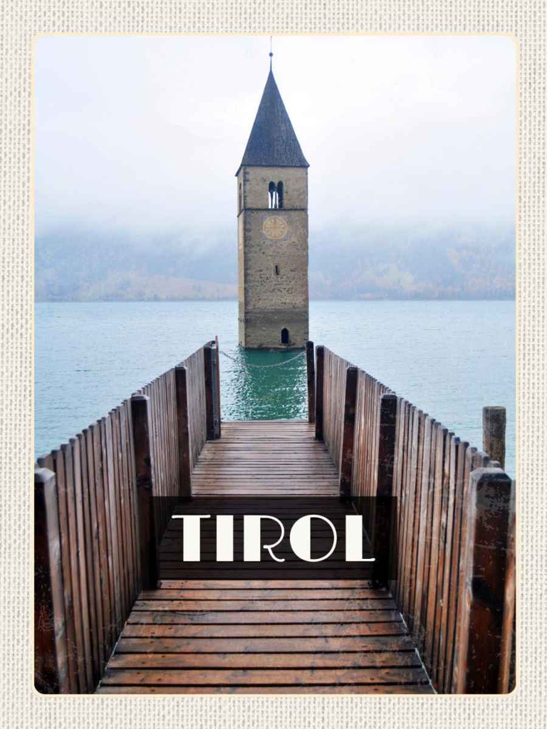 Holzschild 40x30 cm Tirol Österreich Kirchenturm Bildmotiv Reisemotiv Straße Stadt