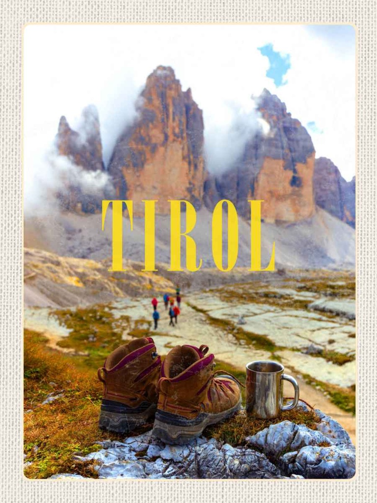 Holzschild 40x30 cm Tirol Wanderrung Schuhe kaltes Getränk Bildmotiv Reisemotiv Europa