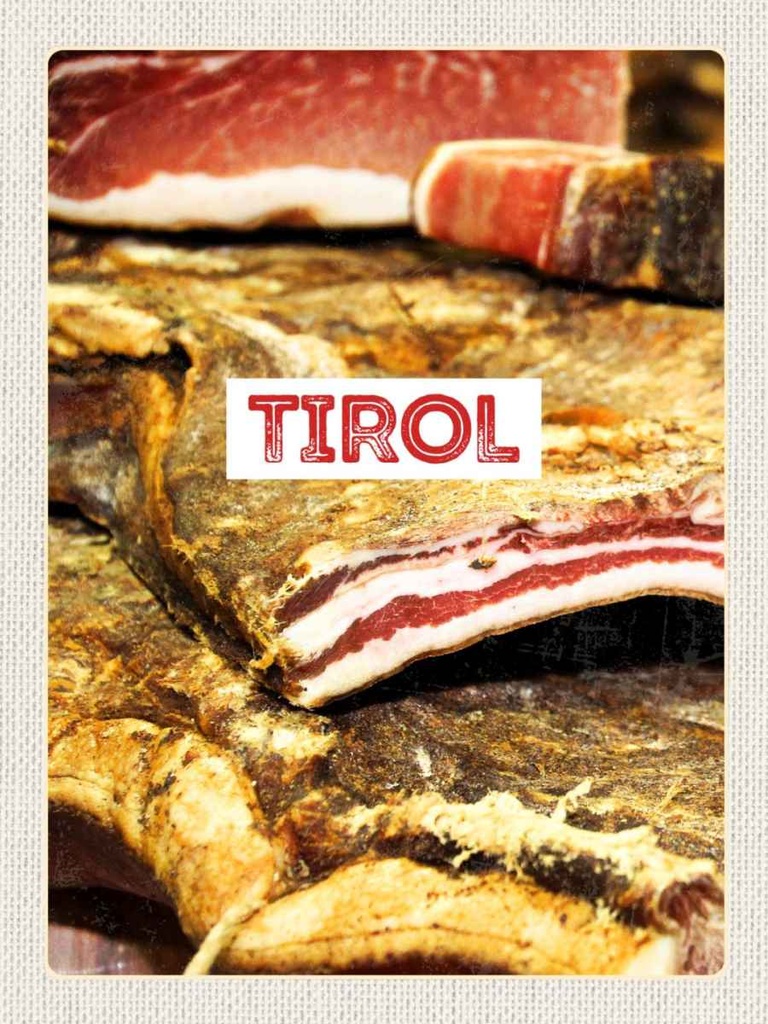 Holzschild 40x30 cm Tirol Österreich getrocknetes Fleisch Bildmotiv Reisemotiv Europa