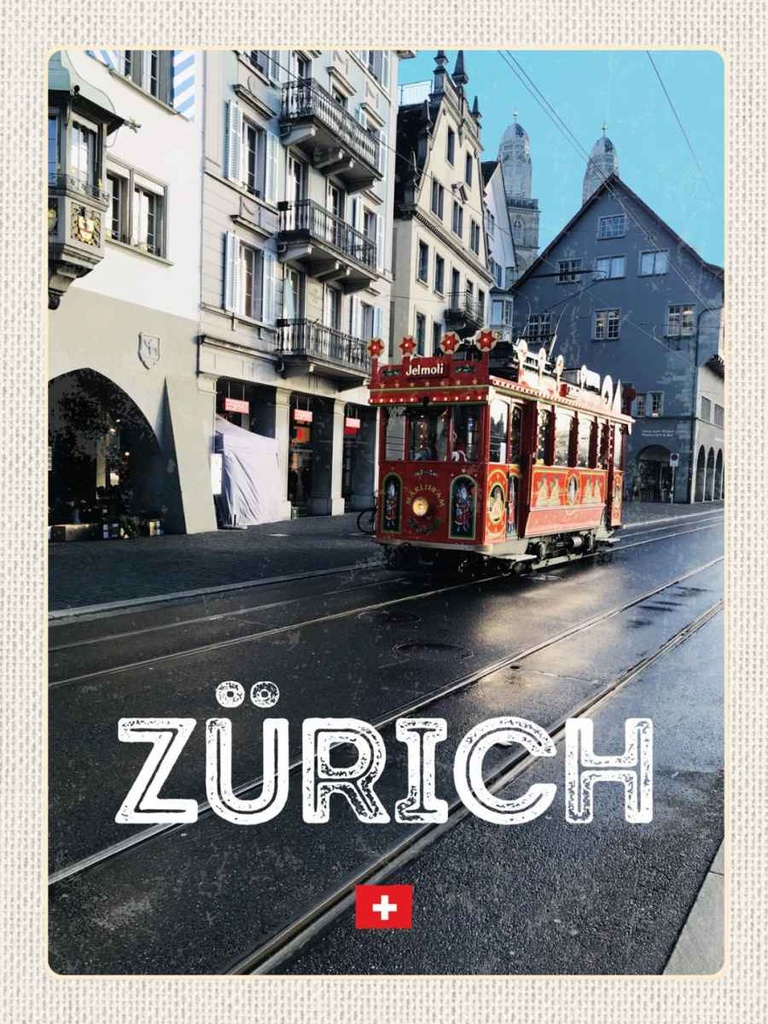 Holzschild 40x30 cm Zürich Schweiz Jelmoli Straßenbahn Bildmotiv Reisemotiv Abenteuer Reisen