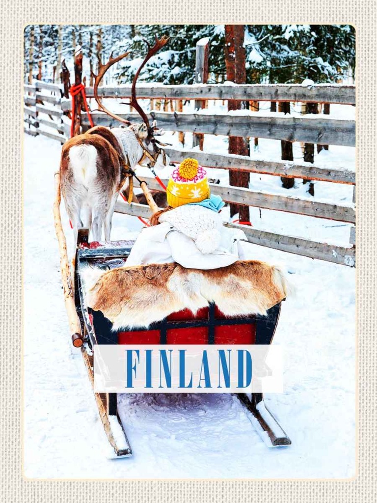 Holzschild 40x30 cm Finnland Schnee Kind Hirsch Schlitten Bildmotiv Reisemotiv Europa