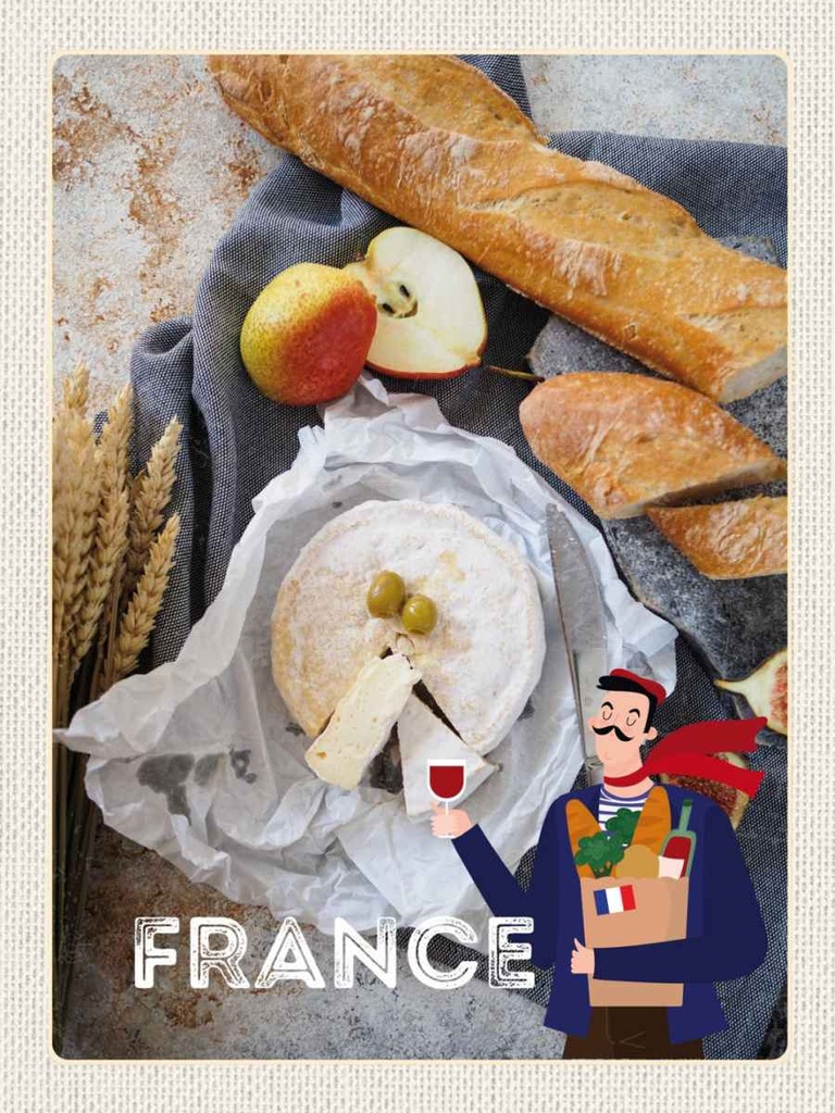 Holzschild 40x30 cm Frankreich Baguette Käse Birne Olive Bildmotiv Reisemotiv Europa