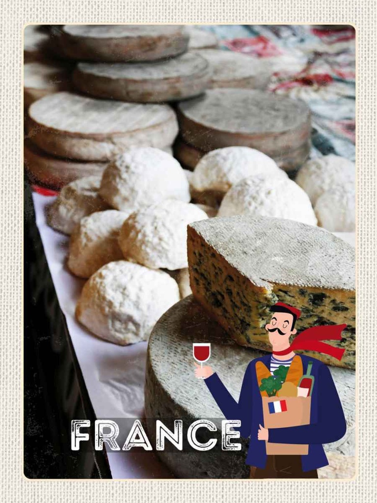 Holzschild 40x30 cm Frankreich Schimmelkäse Wein Essen Bildmotiv Reisemotiv Europa