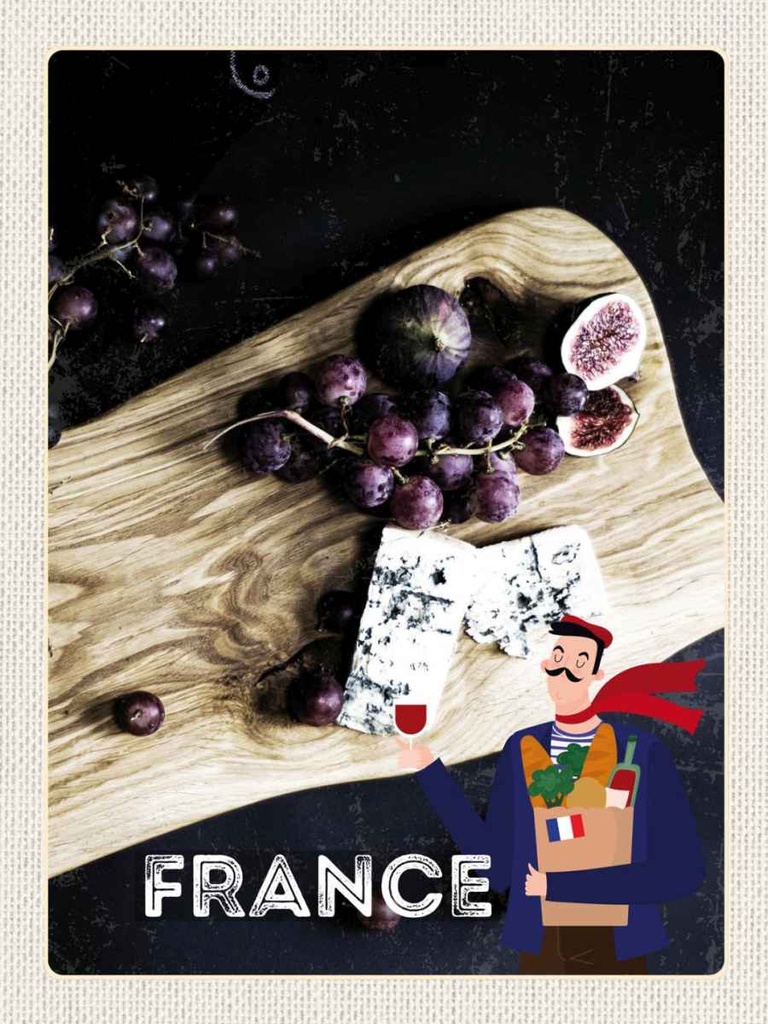 Holzschild 40x30 cm Frankreich Trauben Feigen Schimmelkäse Bildmotiv Reisemotiv Europa