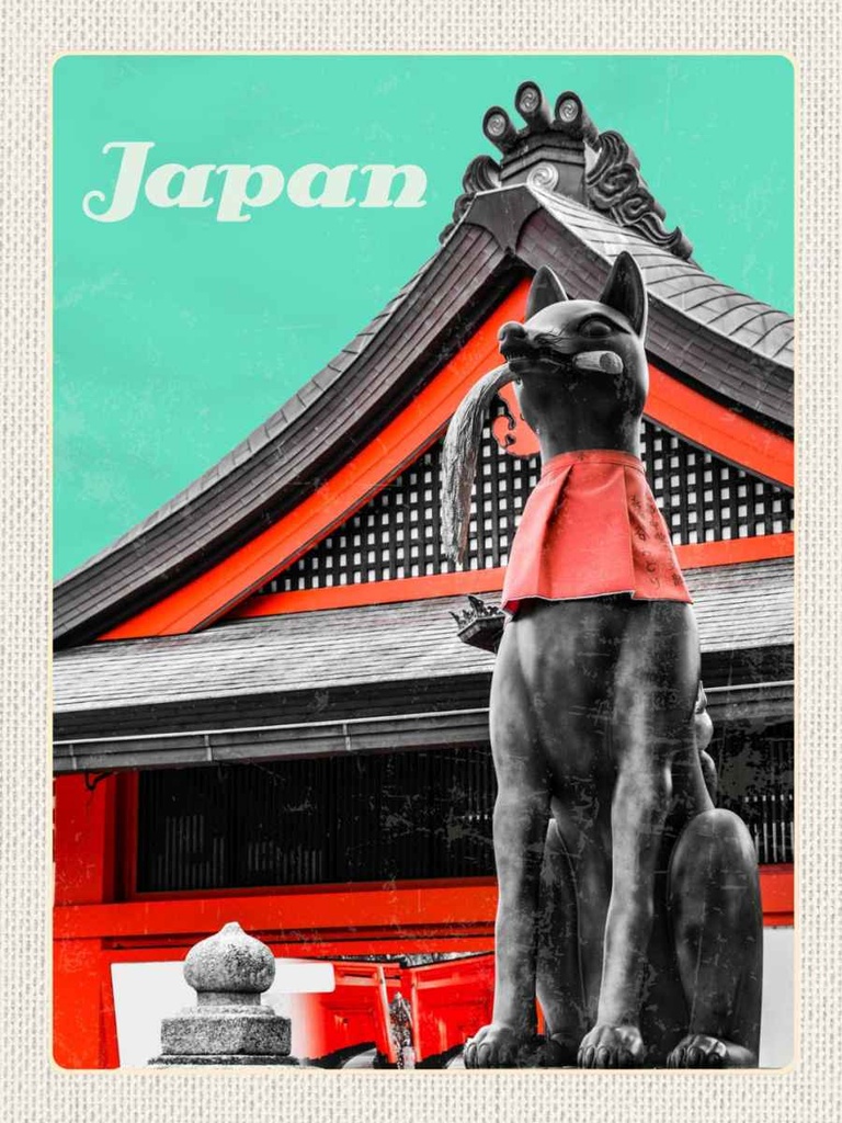 Holzschild 40x30 cm Japan Miyajima Tempel Kitsune Statue Bildmotiv Reisemotiv Abenteuer Reisen