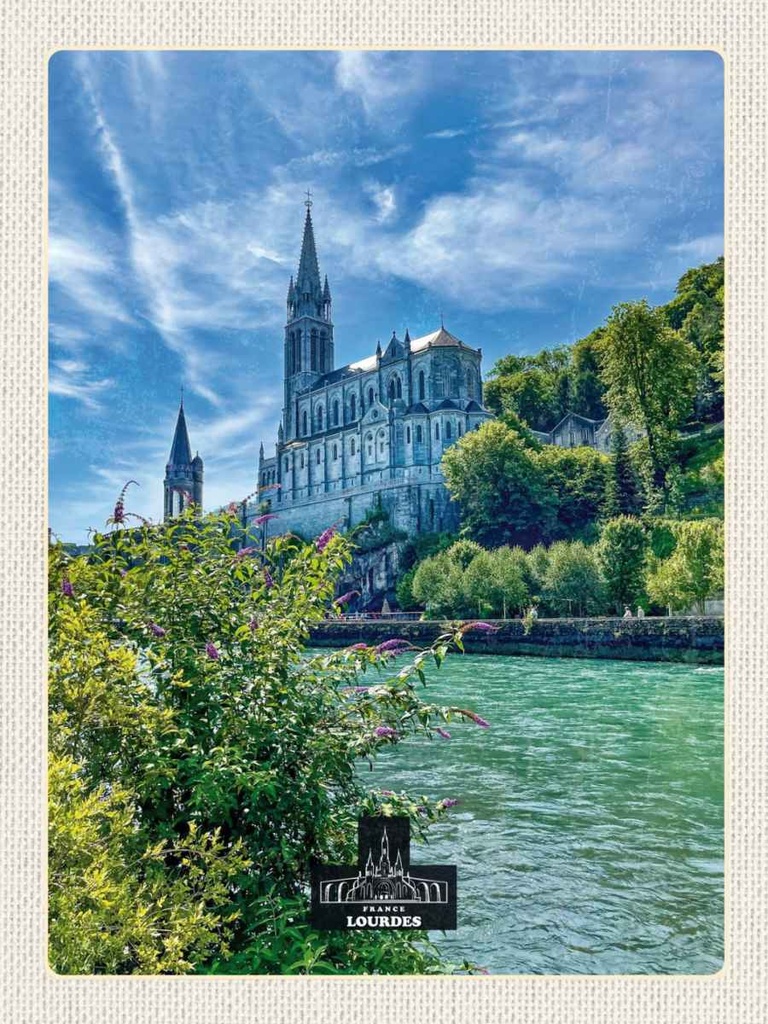 Holzschild 40x30 cm Frankreich Lourdes Meer Kirche Natur Bildmotiv Reisemotiv Europa