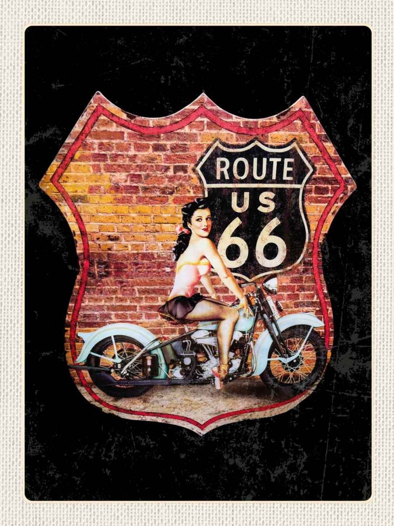 Holzschild 40x30 cm USA Amerika Route US 66 Motorrad Frau Bildmotiv Reisemotiv