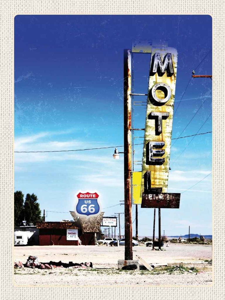 Holzschild 40x30 cm Amerika USA Route 66 Motel Wüste Bildmotiv Reisemotiv