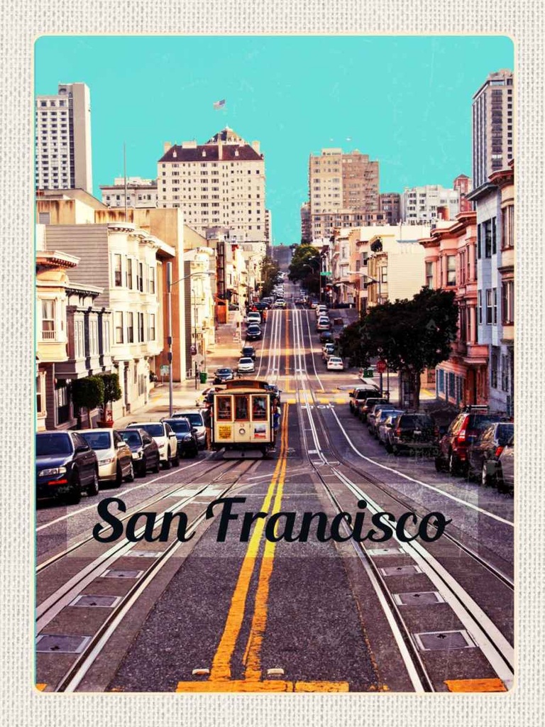 Holzschild 40x30 cm San Francisco Stadt Straße Straßenbahn Bildmotiv Reisemotiv Amerika USA