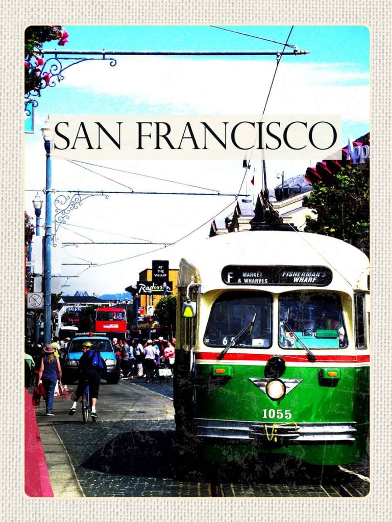 Holzschild 40x30 cm San Francisco Menschen Straßenbahn Bildmotiv Reisemotiv Amerika USA