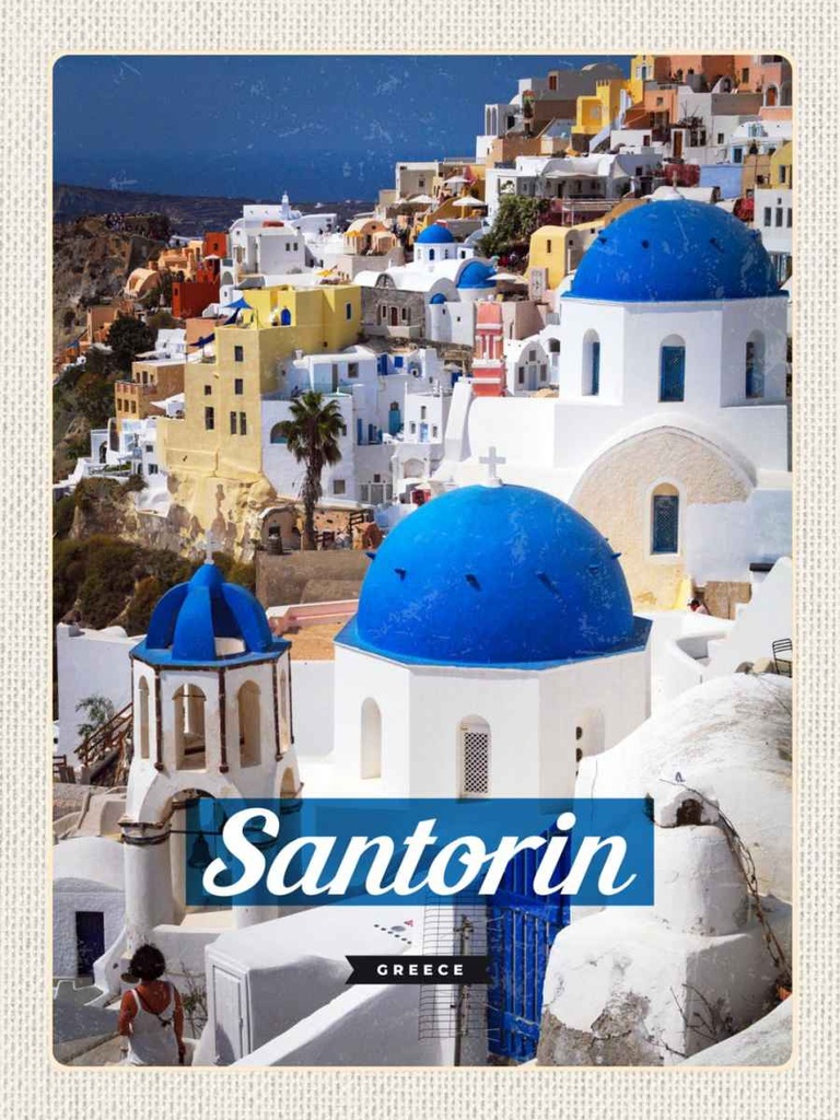 Holzschild 40x30 cm Santorini Greece Stadt weiß blau Bildmotiv Reisemotiv Europa
