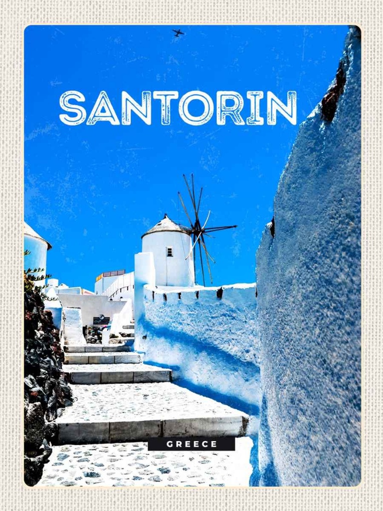 Holzschild 40x30 cm Santorini Griechenland weiße Treppen Bildmotiv Reisemotiv Europa