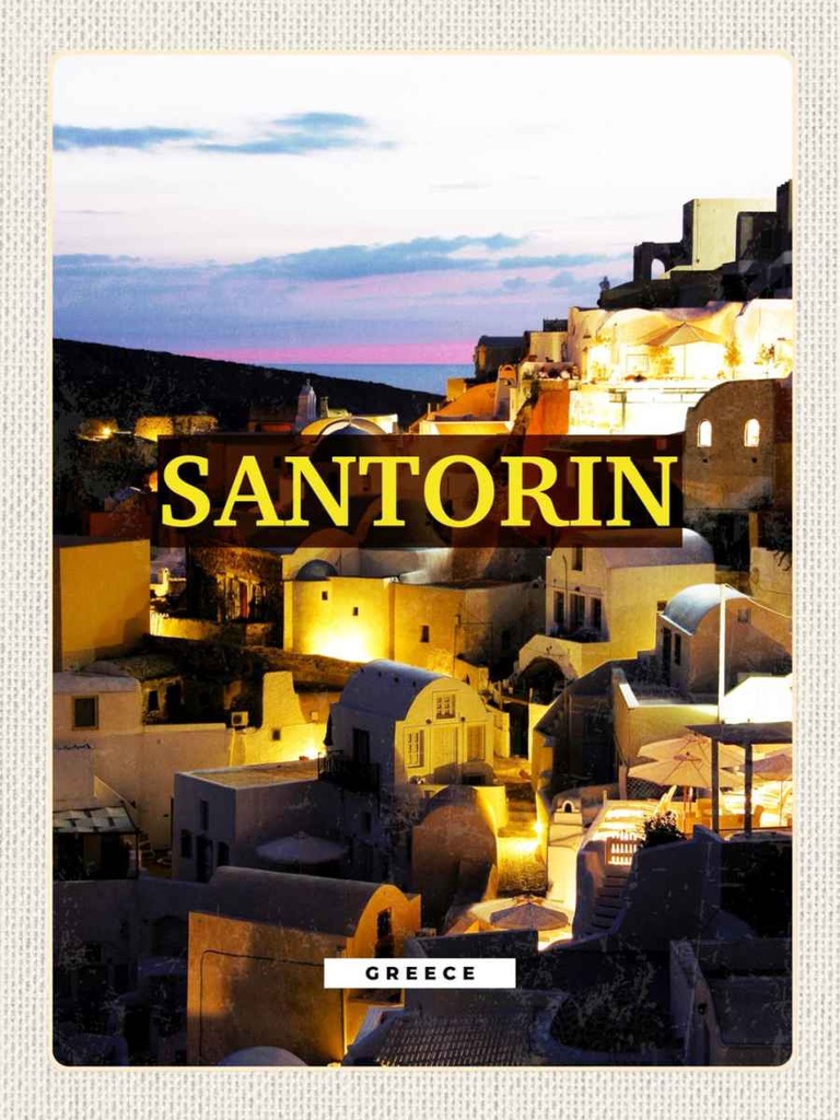 Holzschild 40x30 cm Santorini Abend Aussicht auf die Stadt Bildmotiv Reisemotiv Europa