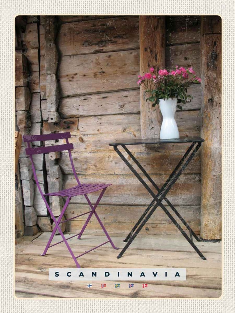 Holzschild 40x30 cm Skandinawien Terasse Stuhl Tisch Blume Bildmotiv Reisemotiv Europa