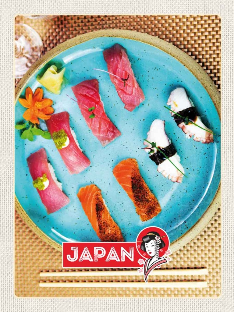 Holzschild 40x30 cm Japan Asien Fisch Sushi Gerichte Alge Essen Trinken