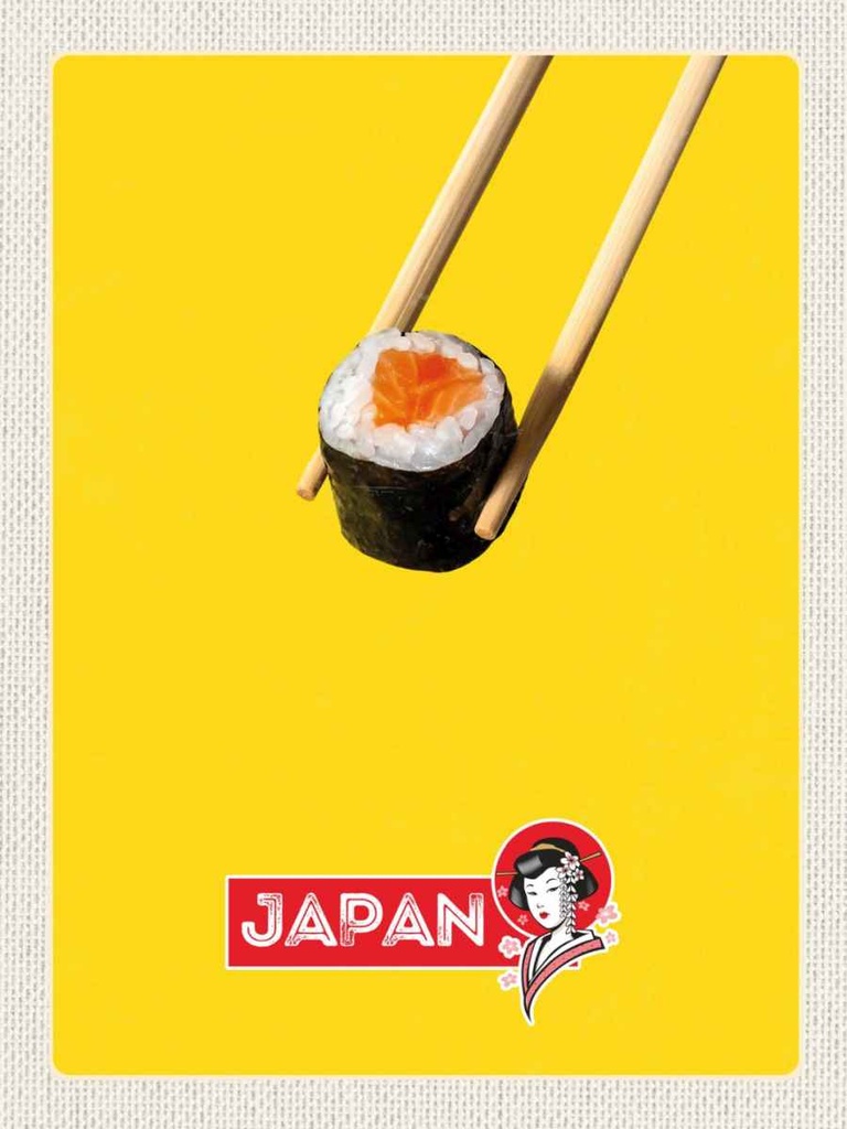 Holzschild 40x30 cm Japan Sushi Stäbchen Fisch Essen Bildmotiv Reisemotiv Trinken