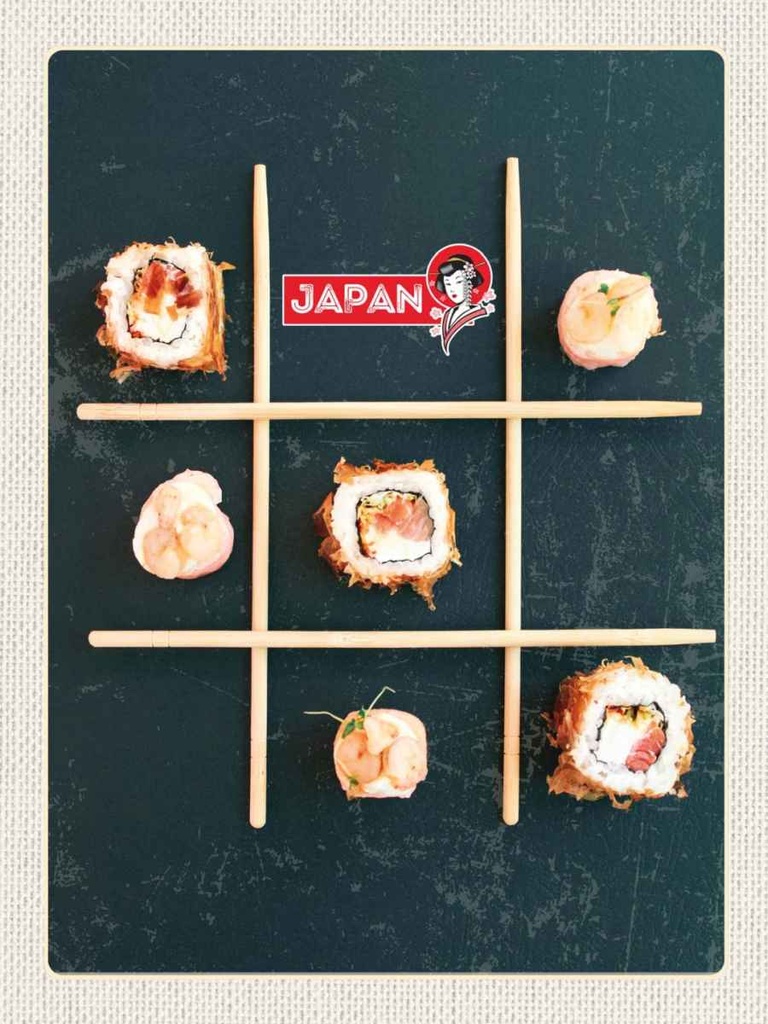 Holzschild 40x30 cm Japan Soja Sushi Fisch Gurke Stäbchen Bildmotiv Reisemotiv Essen Trinken