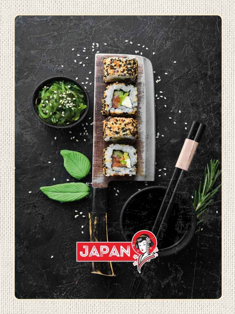 Holzschild 40x30 cm Japan Asien Sushi Fisch Essen Stäbchen Bildmotiv Reisemotiv Trinken