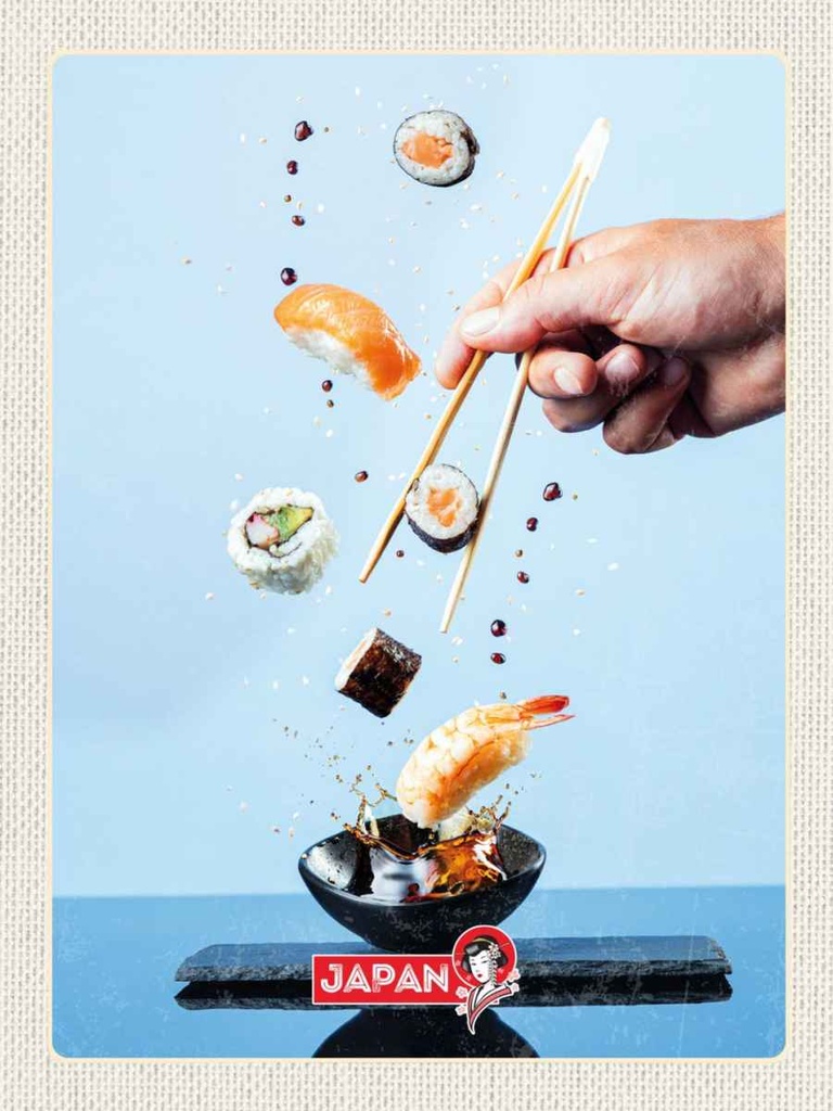 Holzschild 40x30 cm Japan Asien Sushi Fisch Stäbchen essen Bildmotiv Reisemotiv Trinken