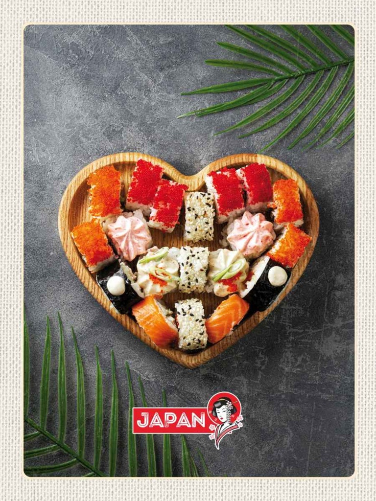 Holzschild 40x30 cm Japan Asien Sushi soße Gurke Stäbchen Bildmotiv Reisemotiv Essen Trinken