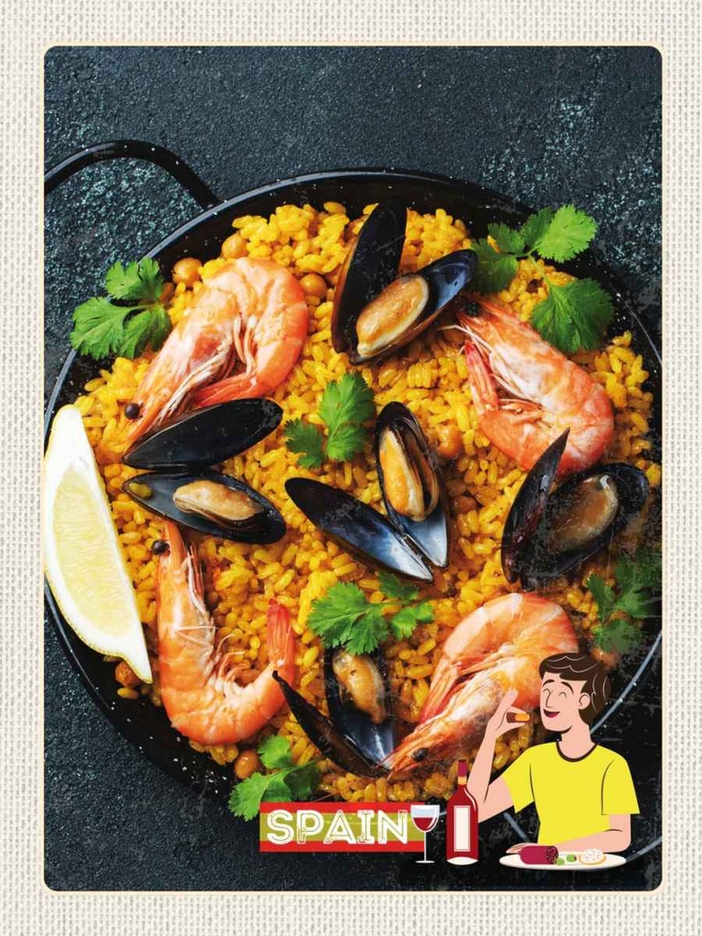 Holzschild 40x30 cm Spanien Europa Paella Reis Muscheln Bildmotiv Reisemotiv