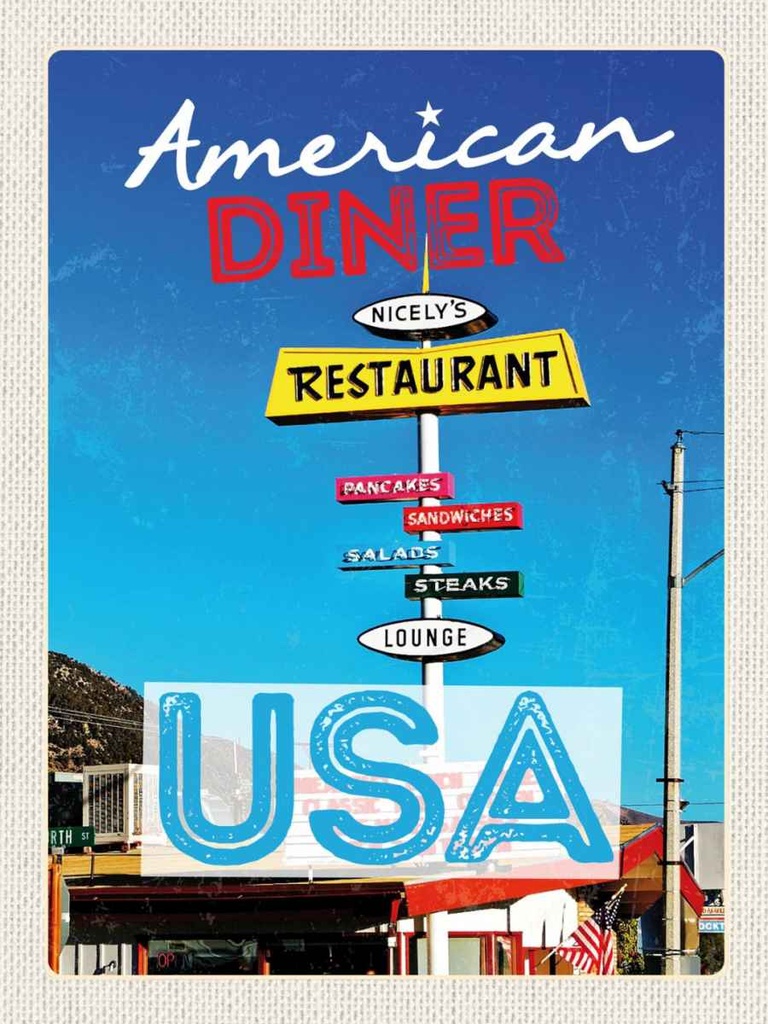 Holzschild 40x30 cm USA Restaurant Pancakes Steaks Salat Bildmotiv Reisemotiv Amerika