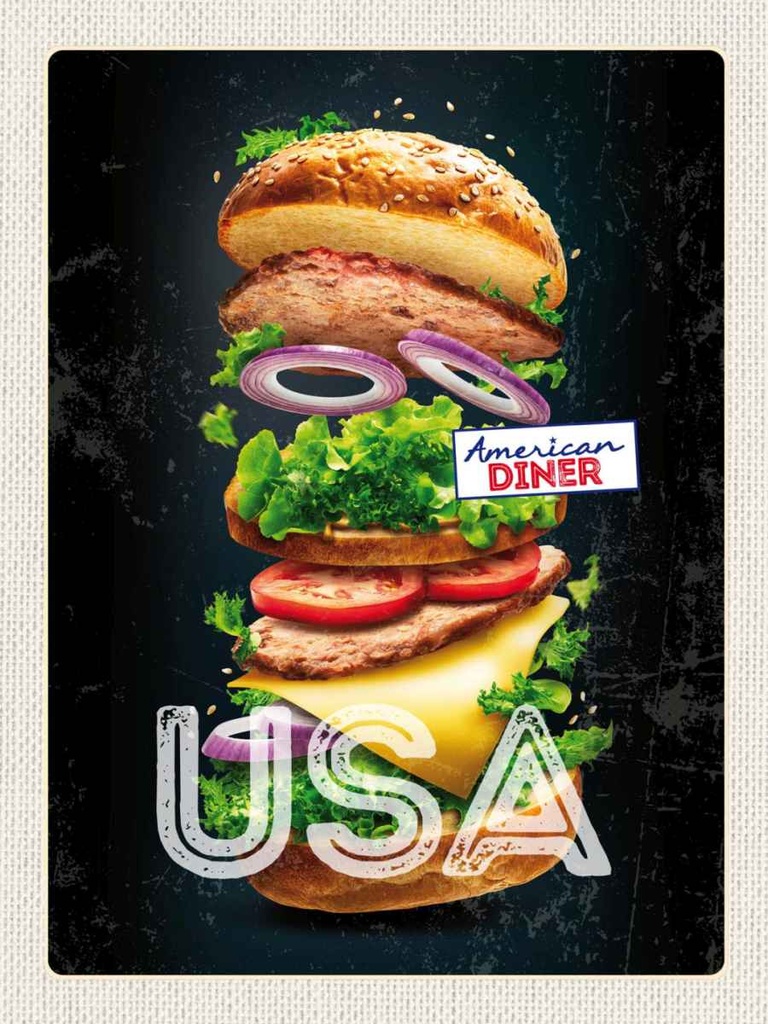 Holzschild 40x30 cm Amerika USA Burger Tomaten Gemälde Bildmotiv Reisemotiv