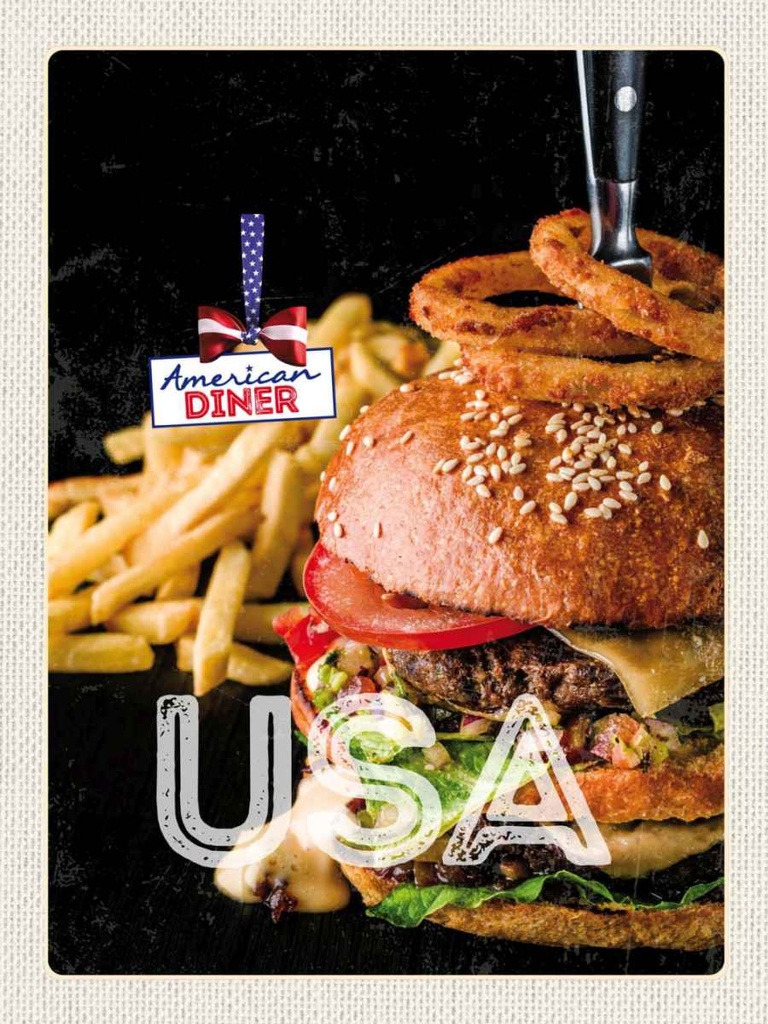 Holzschild 40x30 cm USA Burger Pommes Zwiebelringe essen Bildmotiv Reisemotiv Amerika
