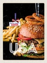 Holzschild 40x30 cm USA Burger Pommes Zwiebelringe essen Bildmotiv Reisemotiv Amerika