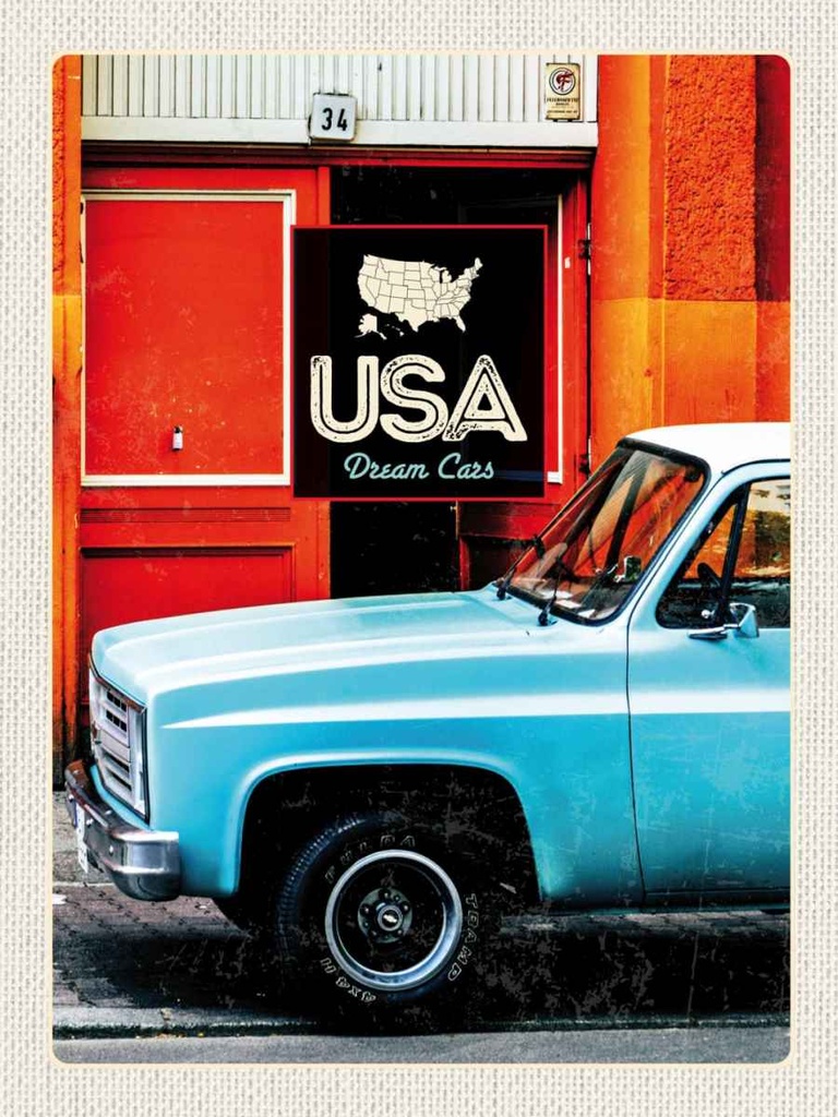 Holzschild 40x30 cm USA Oldtimer Dram Cars blau Amerika Bildmotiv Reisemotiv