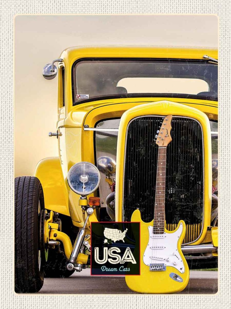 Holzschild 40x30 cm Amerika Oldtimer gelb Auto Gitarre Bildmotiv Reisemotiv USA