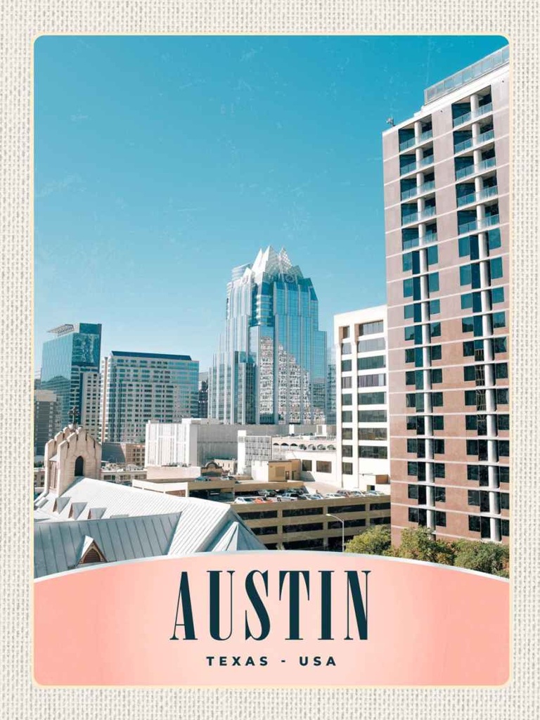 Holzschild 40x30 cm Austin Texas Amerika Hochhaus Gebäude Bildmotiv Reisemotiv Abenteuer Reisen