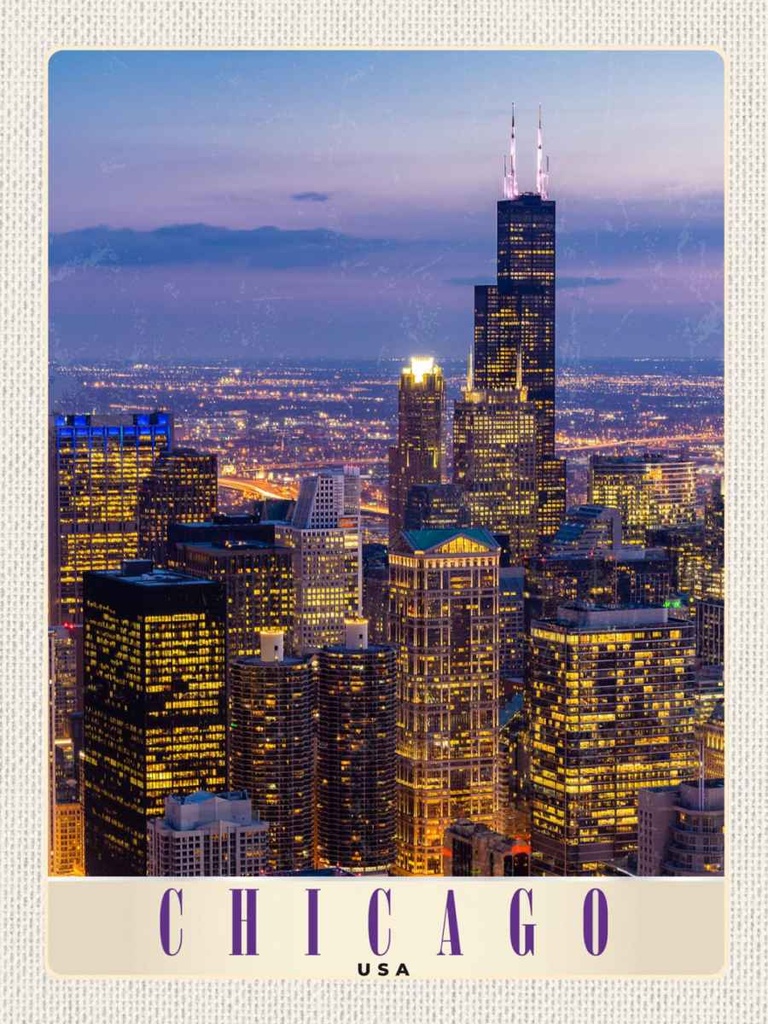 Holzschild 40x30 cm Chicago Amerika USA Hochhaus Abend Bildmotiv Reisemotiv