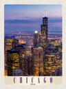 Holzschild 40x30 cm Chicago Amerika USA Hochhaus Abend Bildmotiv Reisemotiv