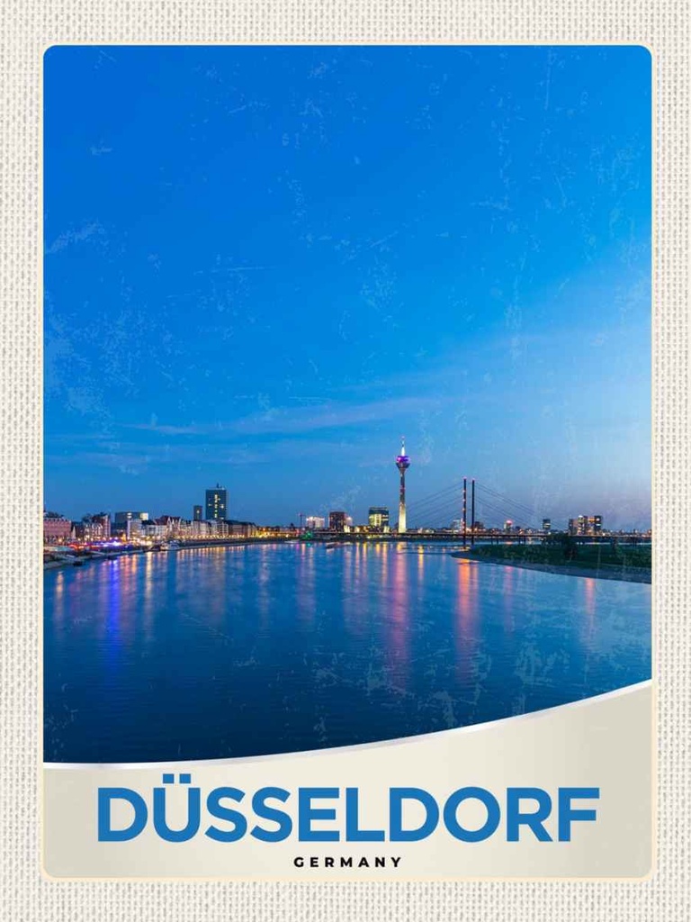 Holzschild 40x30 cm Düsseldorf Fluss Stadt Brücke Turm Bildmotiv Reisemotiv Deutschland
