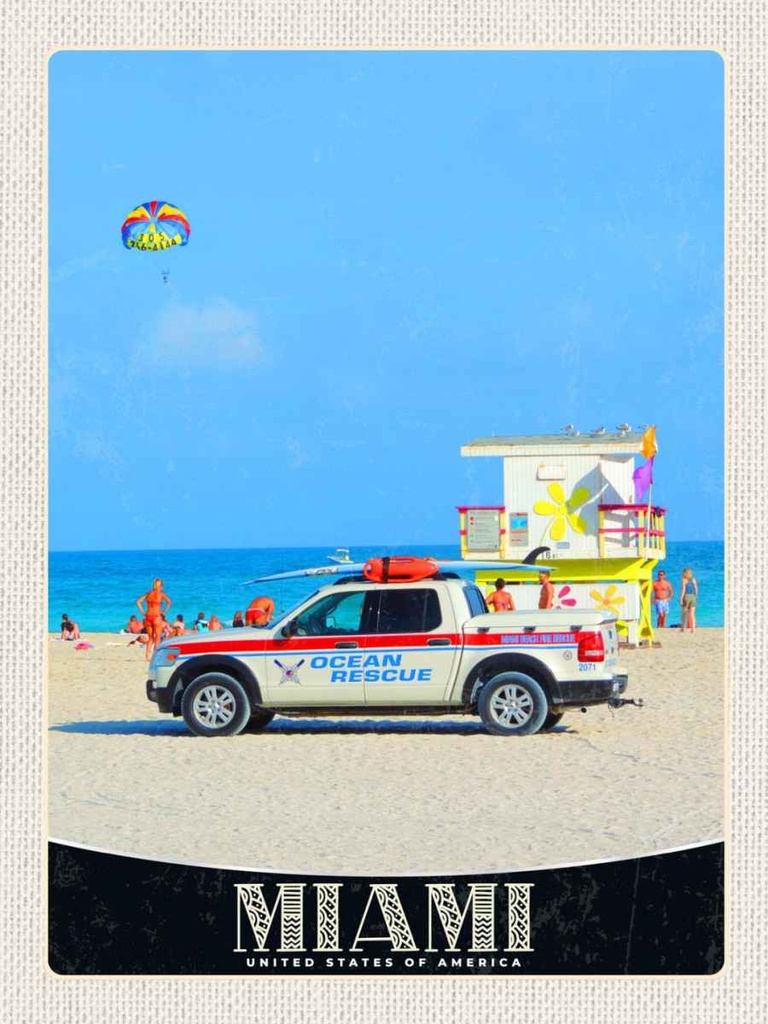 Holzschild 40x30 cm Miami USA Amerika Ozeanrettung Wagen Bildmotiv Reisemotiv