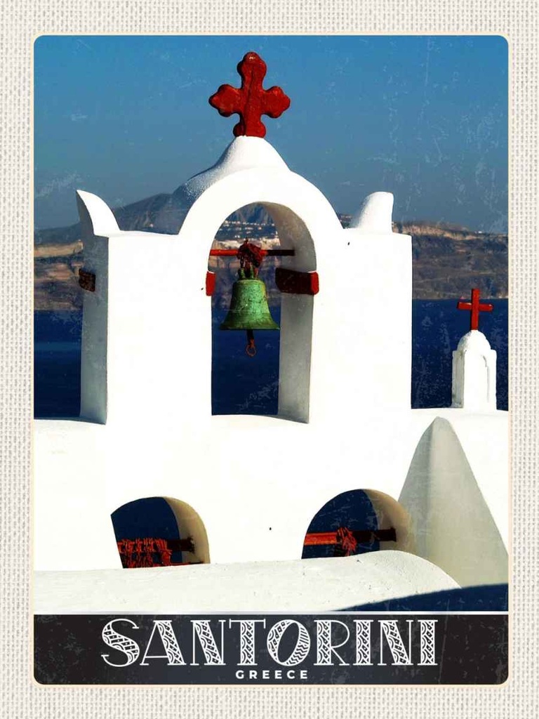 Holzschild 40x30 cm Santorini Innsel Meer Kreuz Kirche Bildmotiv Reisemotiv Europa